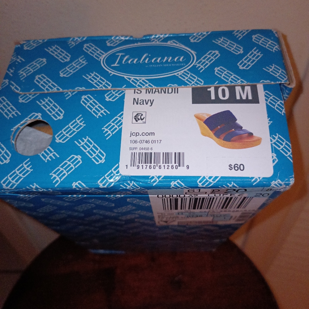 Italiana Navy Blue wood like wedge Size 10 NEW in Box NWT